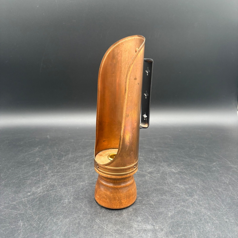Vtg Primative Copper Candle Holder Wall Sconce Wood Base Rustic Patina 10.5